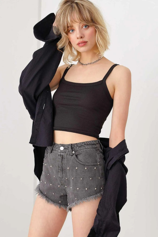 Studded Mid Waist Frayed Hem Denim