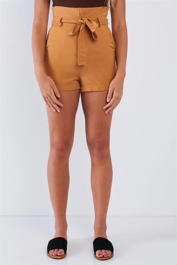 Camel Collared High Waist Hem Self Tie Belt Shorts
