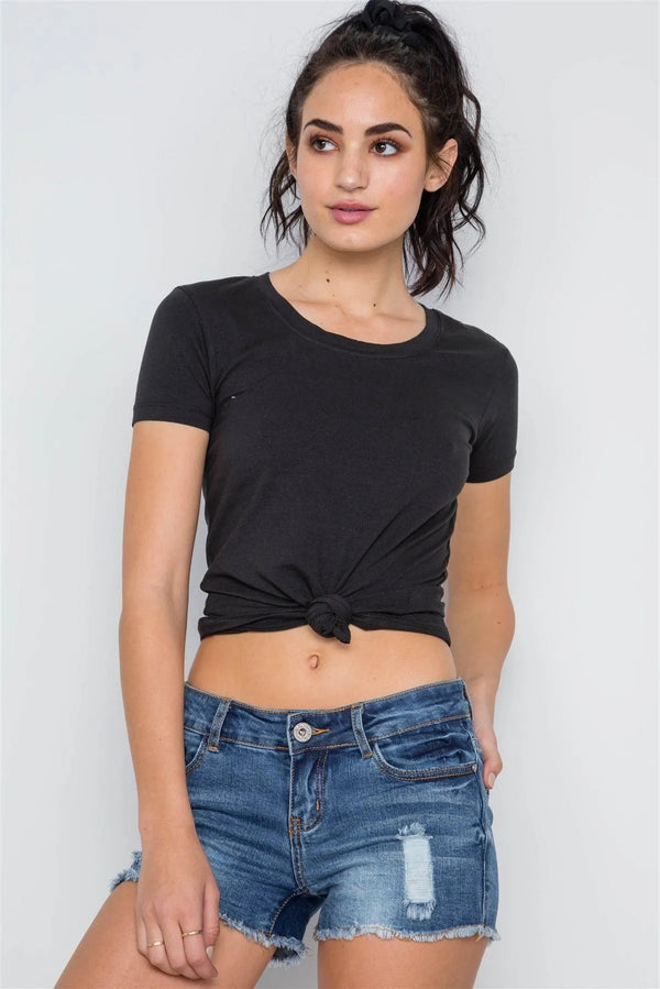 Medium Blue Denim Distressed Frayed Hem Mid-Rise