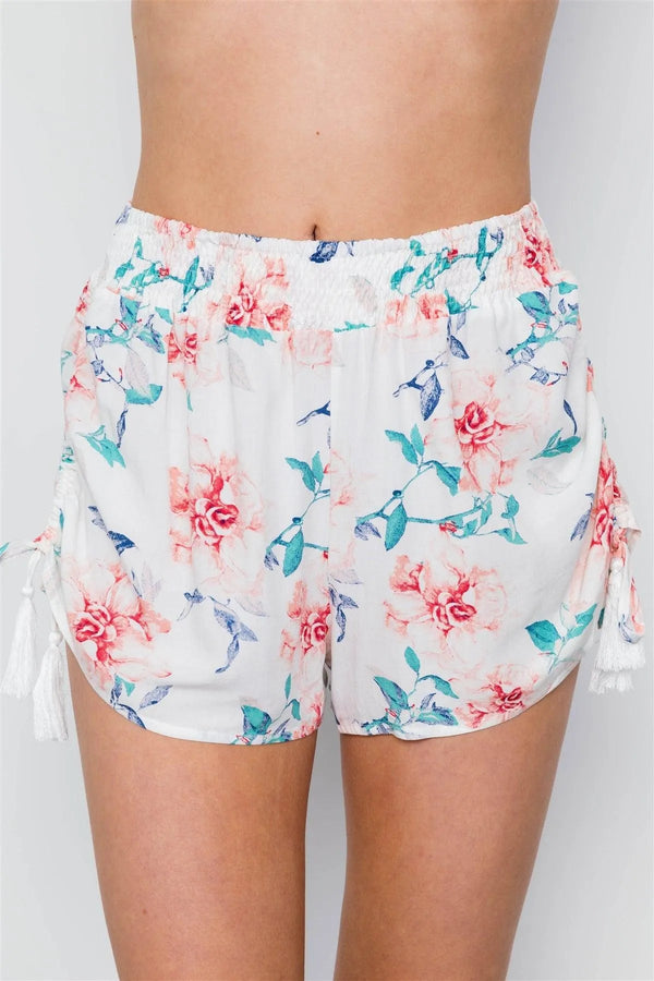 Off White Floral Print Mid Rise Tassel