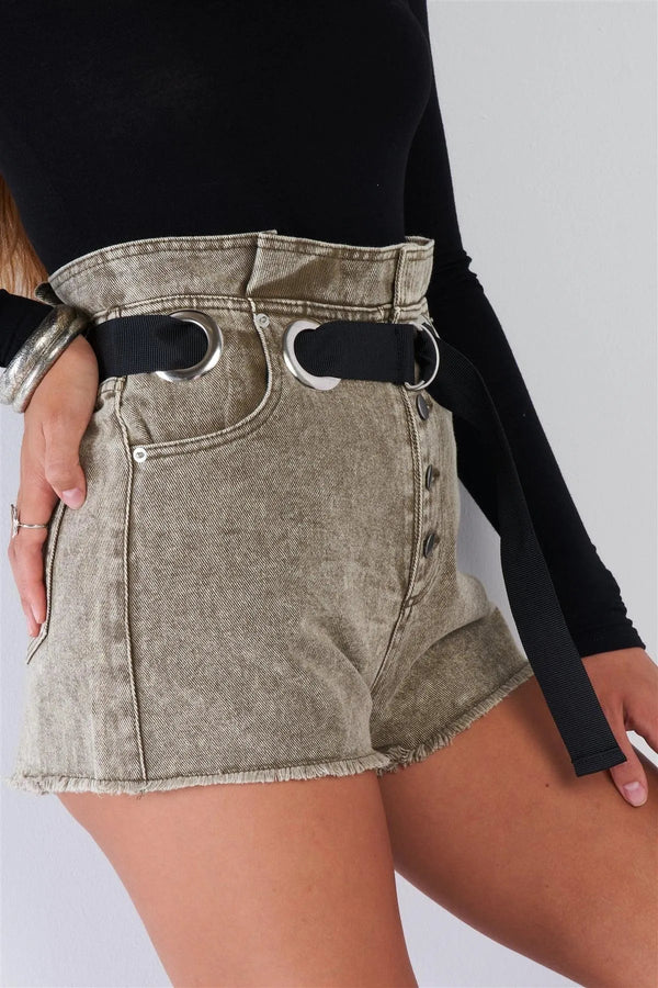 High Waisted Olive Washed Denim with Black D-Ring Belt Frayed Hem