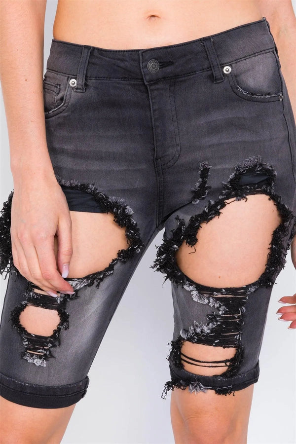 Black Denim Acid Washed Cotton Rolled Hem Bermuda