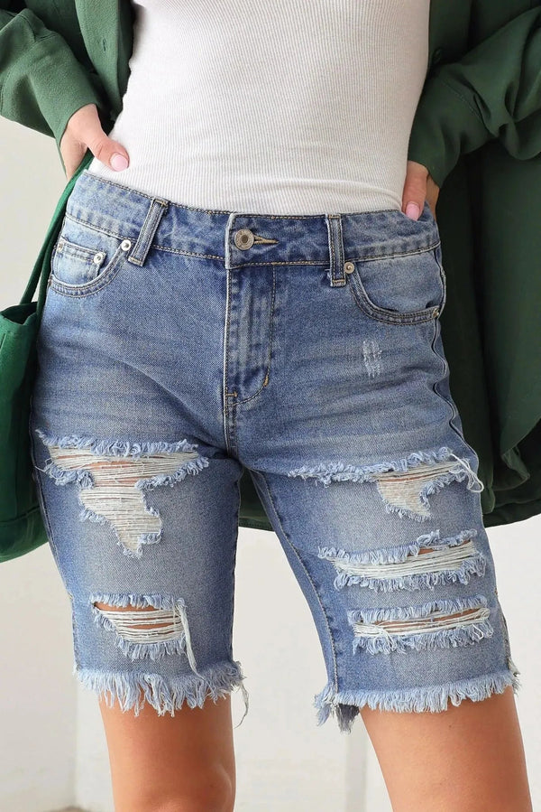 Medium Wash Distressed Raw Hem Bermuda Stretch Denim