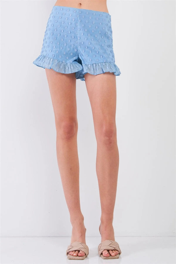 Sky Blue Polka Dot High-Waisted Ruffle Hem
